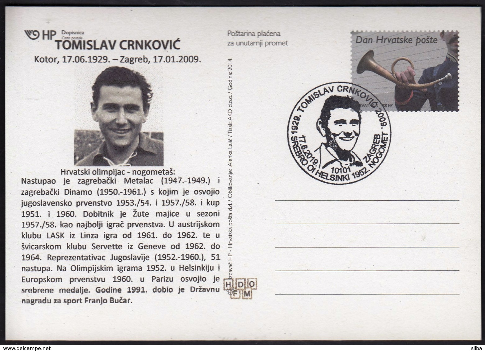 Croatia Zagreb 2019 / Olympic Games Helsinki 1952 / 90 Y. Of Birth Tomislav Crnkovic, CRO Football Legend / Silver Medal - Estate 1952: Helsinki