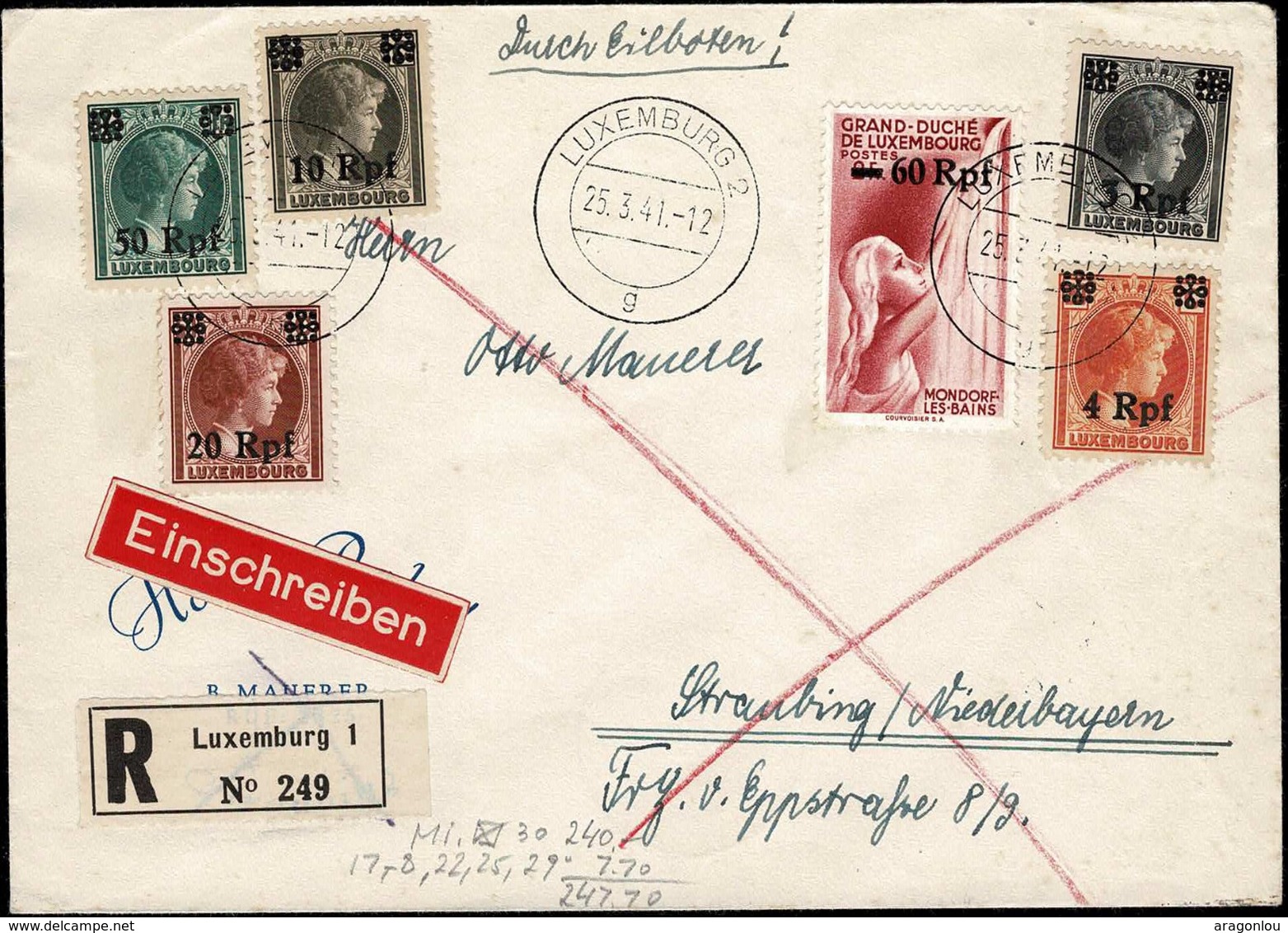 Luxembourg Occupation, Lettre Recommandé/Einschreiben, Cachet  Luxemburg 25.3.1941 - 1940-1944 Duitse Bezetting