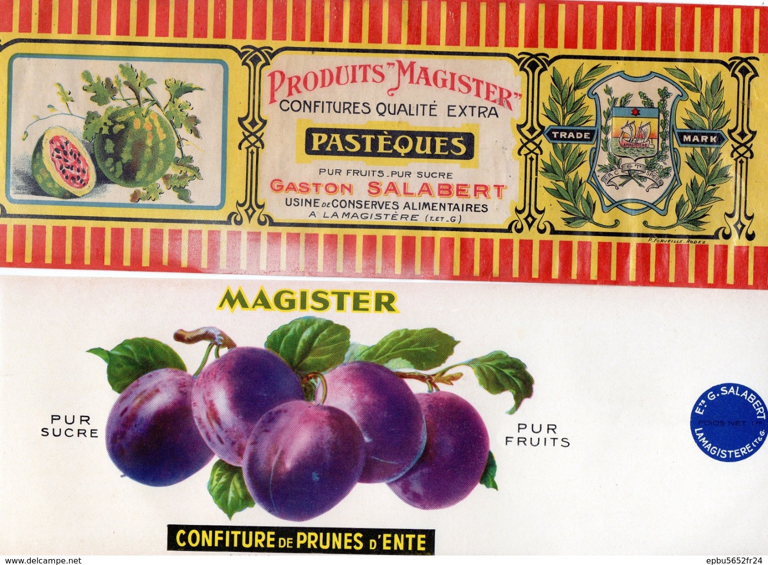 Lot 5 étiquettes Gaston SALABERT Usine De Lamagistére Tarn & Garonne Prunes D'ente ,pastéques ,cerises ,coings, - Obst Und Gemüse