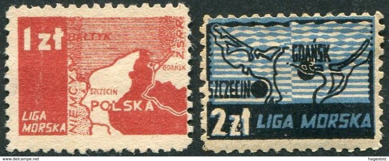 Poland 1946 LIGA MORSKA Maritime League Charity Donation Revenue Sea MAP Gdansk Szczecin Landkarte Fiscal Polen Pologne - Fiscales
