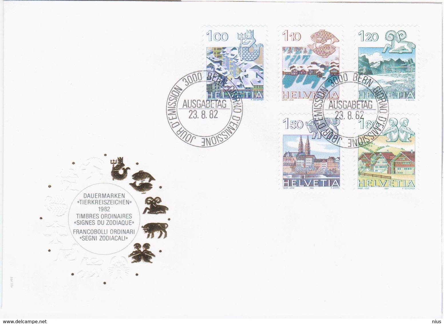 Switzerland Swiss Schweiz Svizzera Helvetia 1982 FDC Zodiac Signs Waters Fish Ox Bull Twins Aries, Bern - FDC