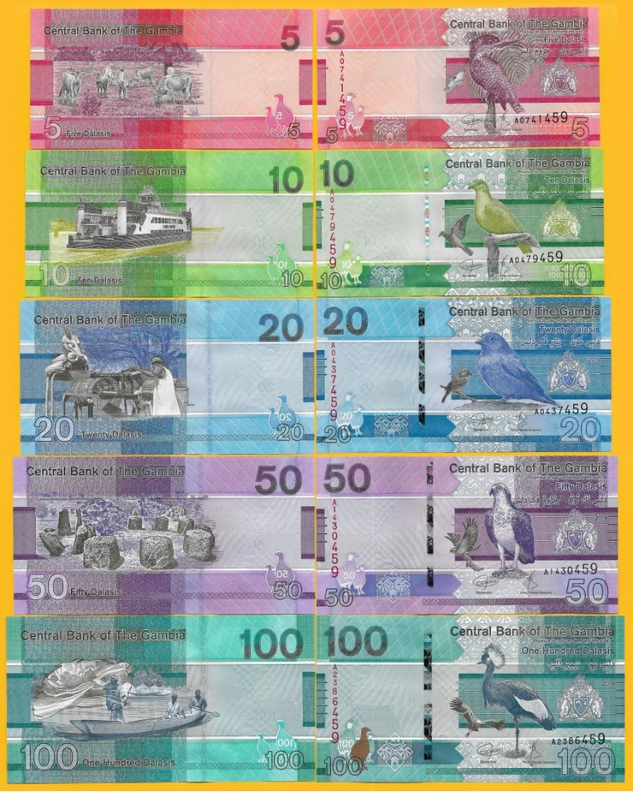 Gambia Set 5, 10, 20, 50, 100 Dalasis P-new 2019 UNC Banknotes - Gambia