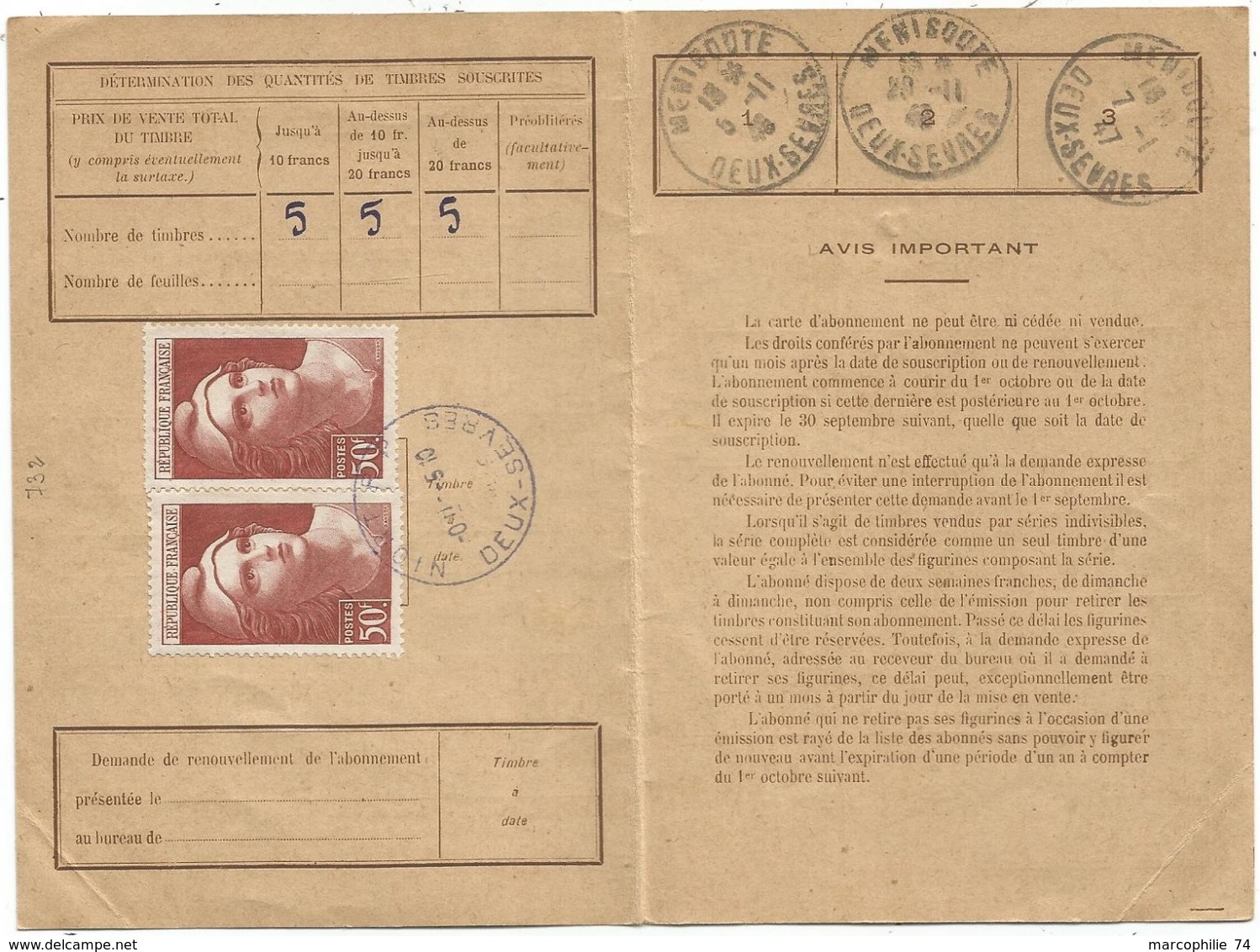 GANDON 50FR PAIRE CARTE ABONNEMENT PTT NIORT 5.10.1946 AU TARIF - 1945-54 Marianne (Gandon)