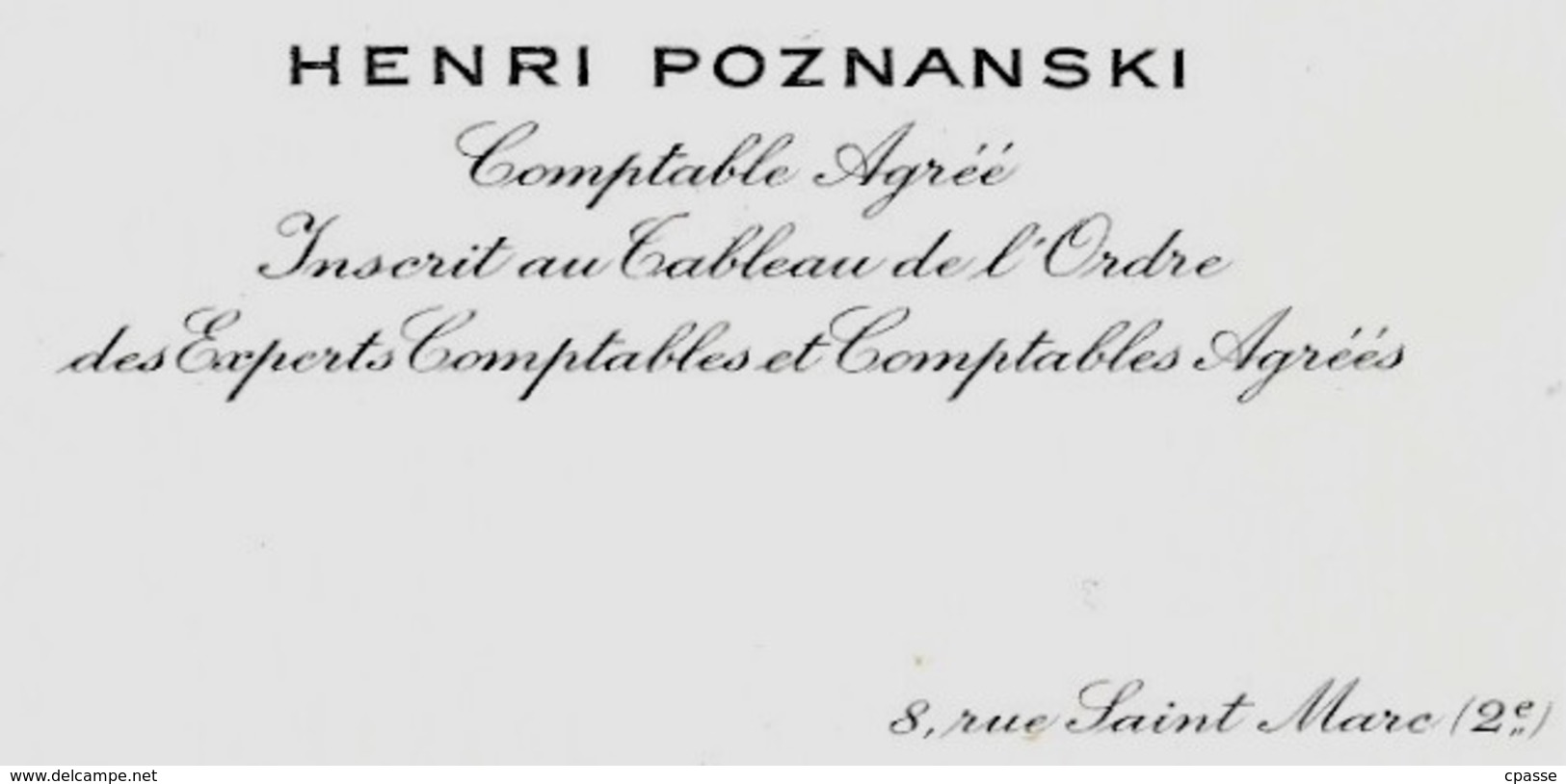 Carte De Visite HENRI POZNANSKI Comptable Agréé à L'Ordre Des Experts Comptables 75002 Paris (specimen) - Visiting Cards
