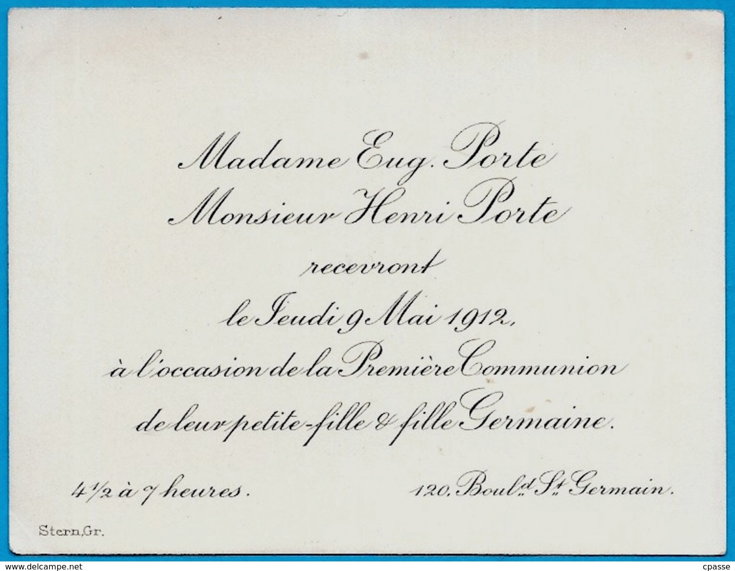 Faire-Part Première Communion Famille PORTE Bd St-Germain 75006 Paris ° Stern Graveur - Communion