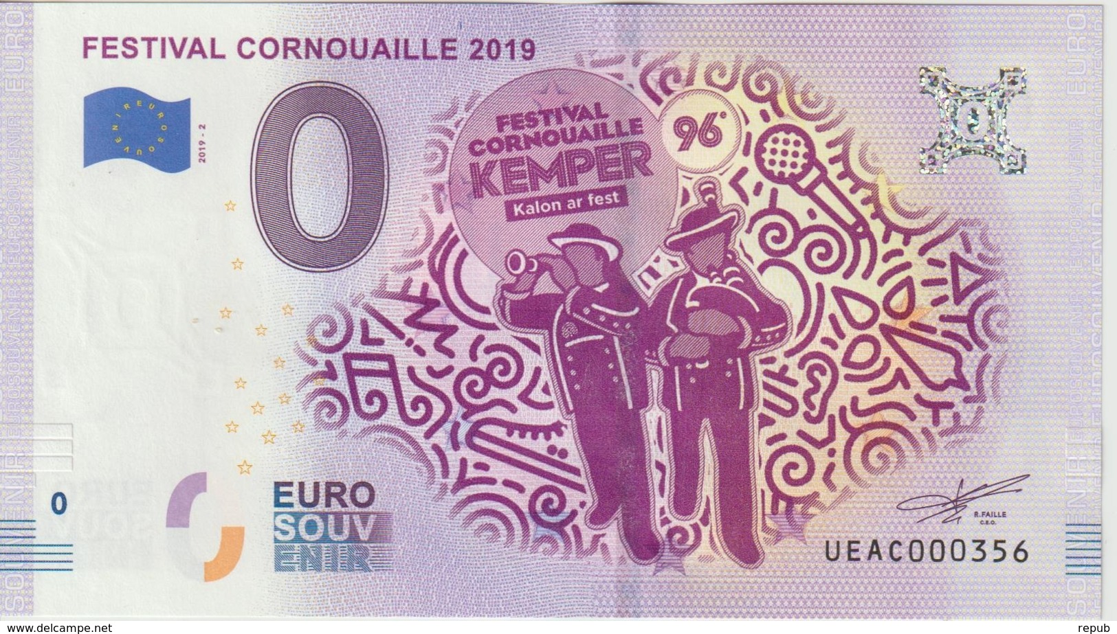 Billet Touristique 0 Euro Souvenir France 29 Festival Cornouaille 2019 2019-2 N°UEAC000356 - Essais Privés / Non-officiels