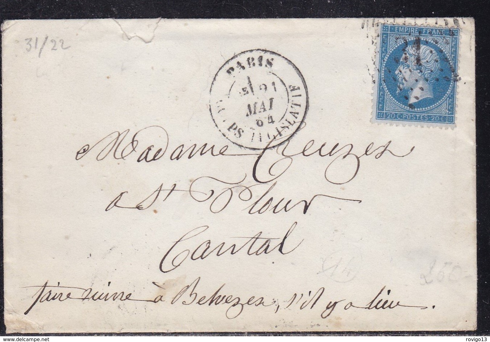 France, Paris - Yvert N° 22 Oblitéré étoile 31 Corps Législatif Sur Enveloppe De 1864 - Indice 14 - 1849-1876: Période Classique