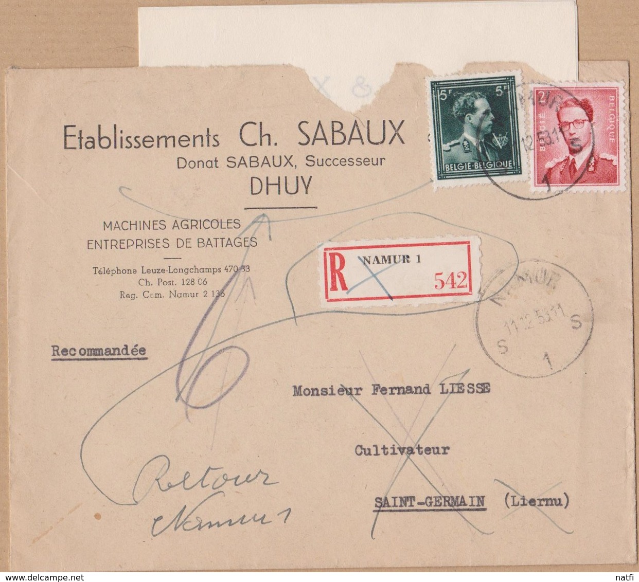 ENVELOPPE TIMBRE  RECOMMANDE 1953 + CORRESPONDANCE NAMUR -LIERNU VOIR PHOTOS - Sonstige & Ohne Zuordnung