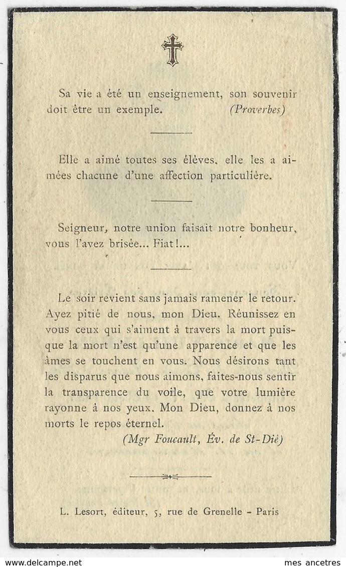 En 1934-Marie VUILLEMIN Directrice Du Cours Jeanne D'Arc, 69 Ans - Décès