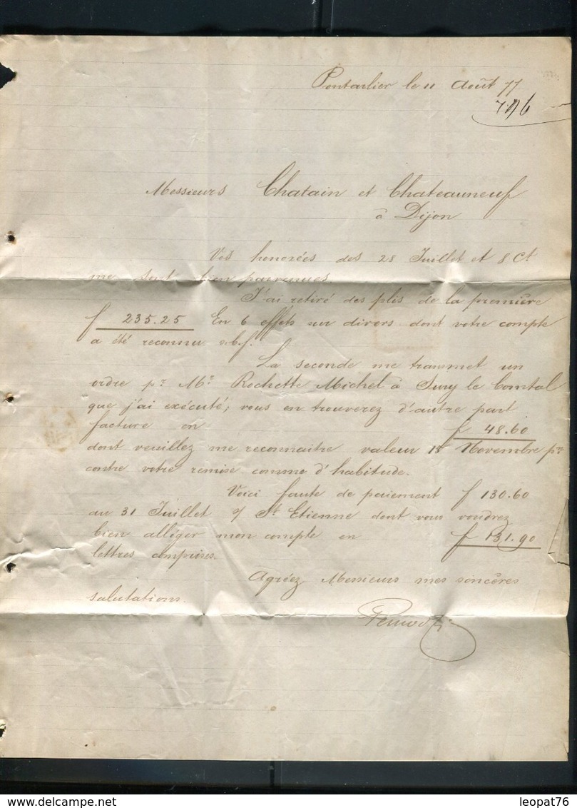 Suisse - Lettre Commerciale De Couvet - Pontarlier Avec Texte ( Pernod ) Pour La France En 1877 - Réf S47 - Suisse