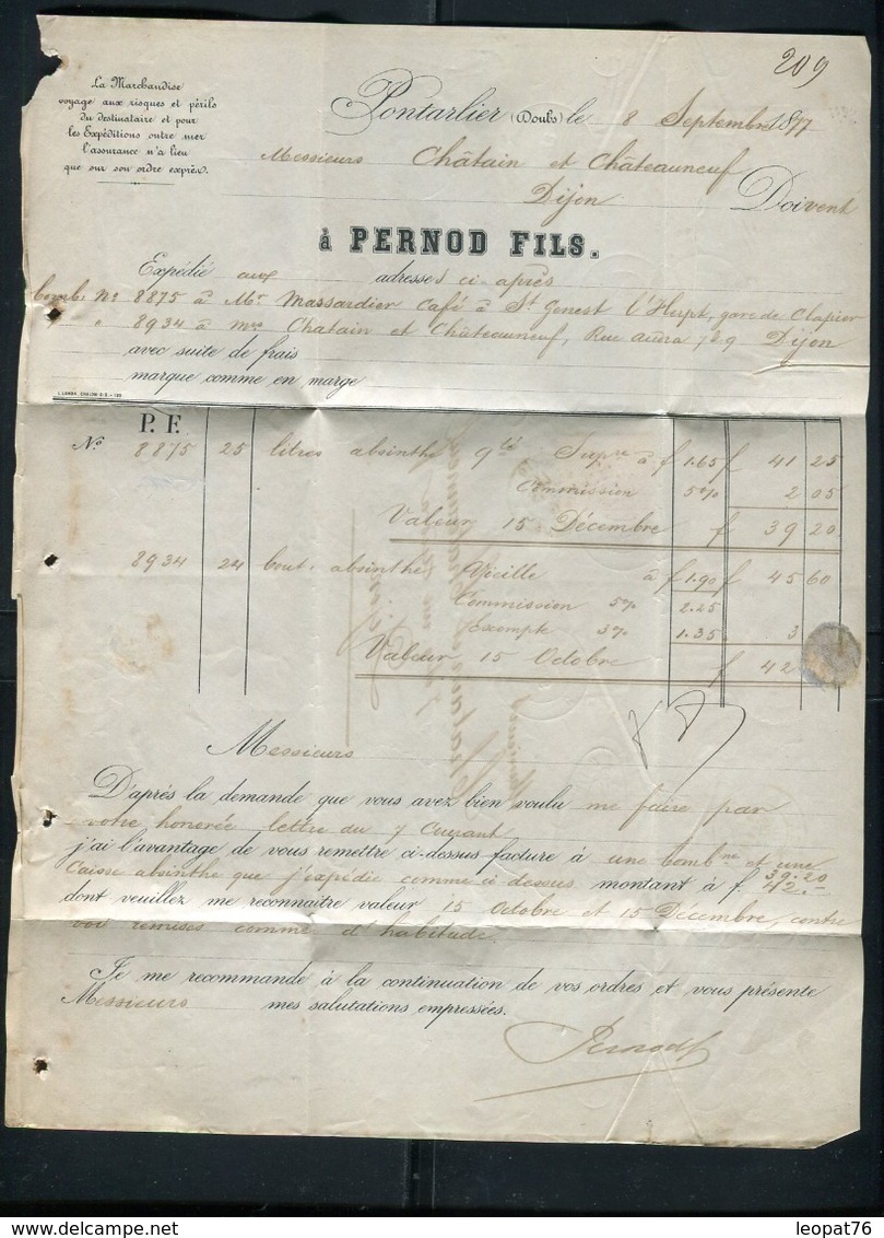 Suisse - Lettre Commerciale De Couvet - Pontarlier Avec Texte ( Pernod ) Pour La France En 1877 - Réf S49 - Suisse