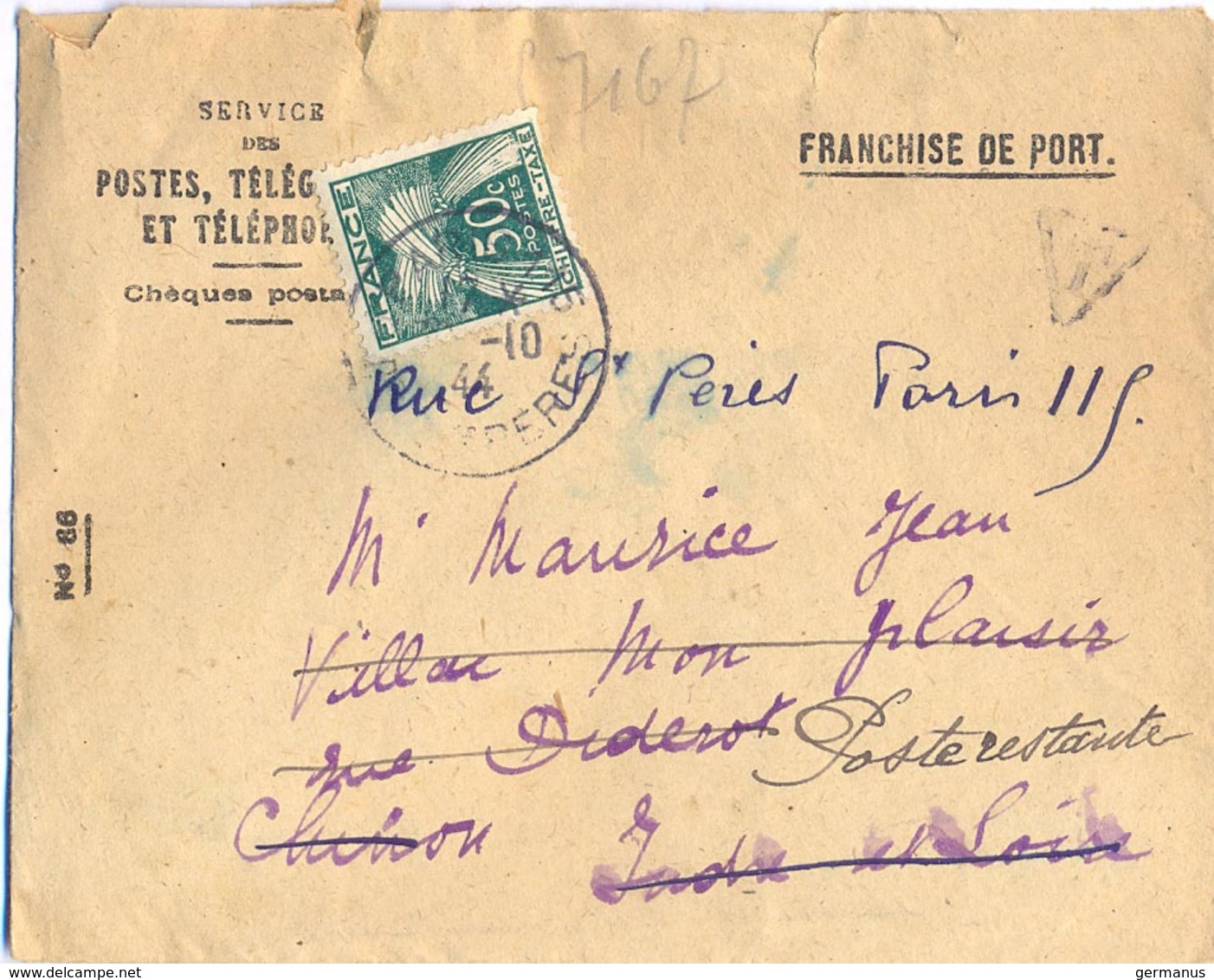 LETTRE C.C.P. MARSEILLE  Pour CHINON  INDRE-ET-LOIRE Réexpédiée POSTE RESTANTE PARIS 115 TàD 25-10-44 TAXE Retrait 50c - 1921-1960: Moderne