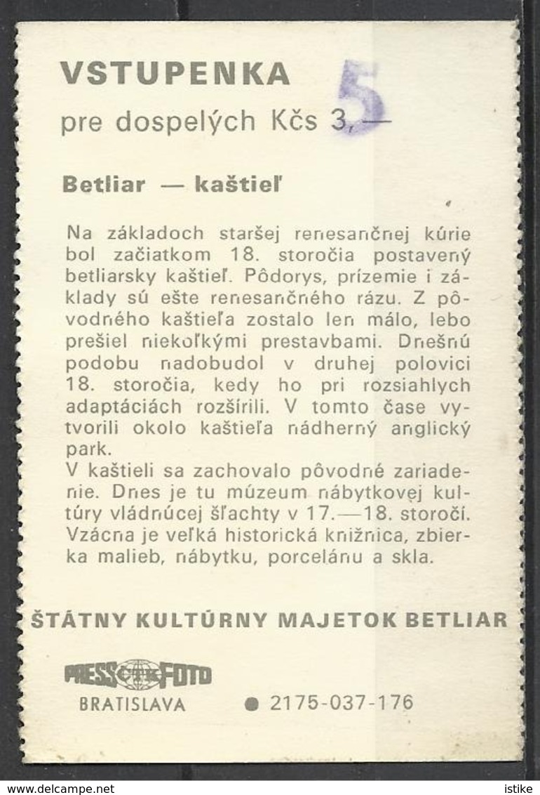 Slovakia, Betliar, Betlér, Castle Of Counts Andrássy, Entrance Ticket, '70s. - Tickets - Vouchers