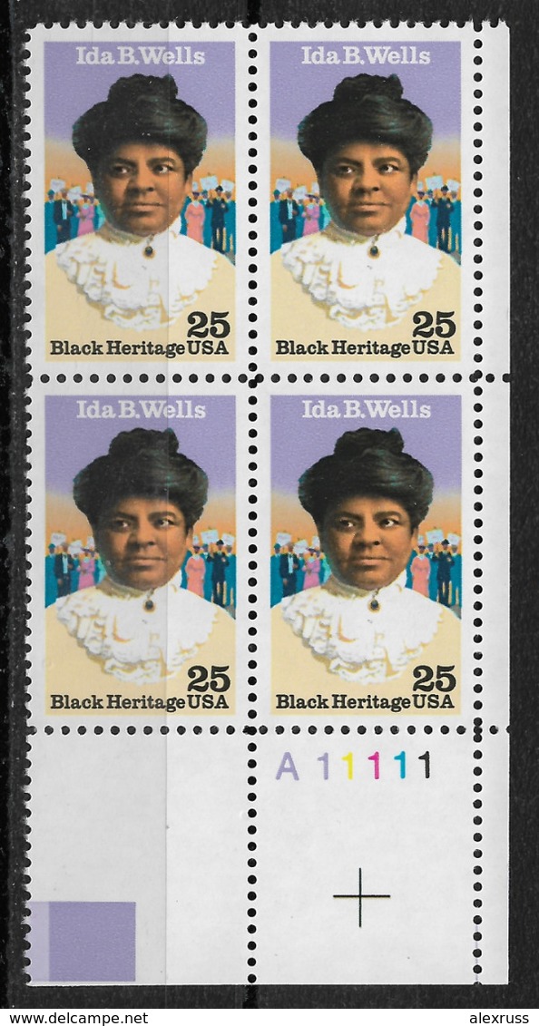 US 1990, Ida B. Wells, Black Heritage, 25c Scott # 2442, Plate Block VF MNH**OG - Plaatnummers
