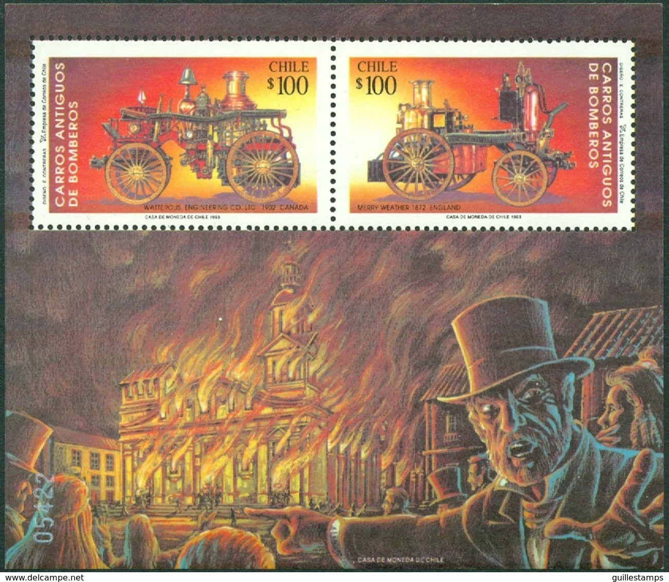 CHILE 1993 ANTIQUE FIRE ENGINES S/S OF 2** (MNH) - Cile