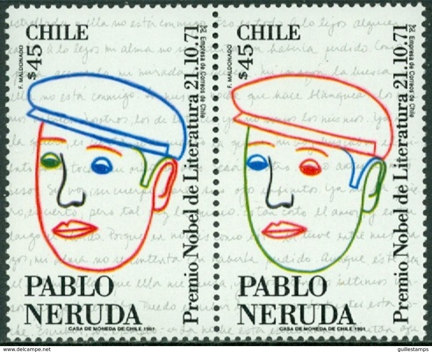 CHILE 1991 AUTHOR PABLO NERUDA PAIR** (MNH) - Chili