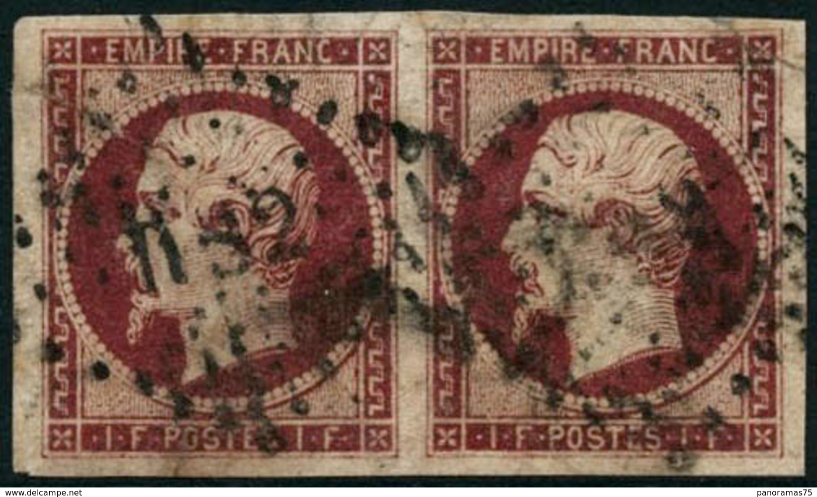 Oblit. N°18 1F Carmin, Paire Des Défauts, Grandes Marges - B - 1853-1860 Napoléon III.
