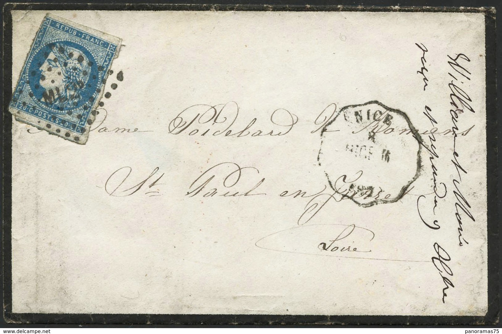 Lettre N°44A 20c Bleu, Type I R1s/lettre, Cachet D'arrivée Au Verso - TB - 1870 Emission De Bordeaux