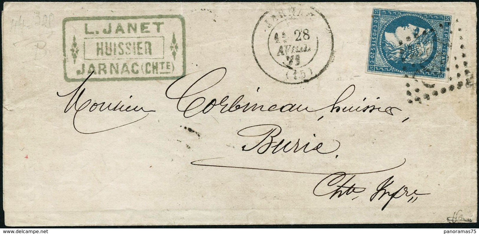 Lettre N°44B 20c Bleu S/lettre De Jarnac 28/04/71, Signé Brun - TB - 1870 Ausgabe Bordeaux