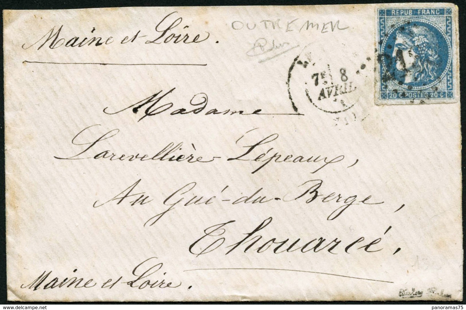 Lettre N°46Ad 20c Outremer S/lettre, Certif Calves TB - 1870 Ausgabe Bordeaux