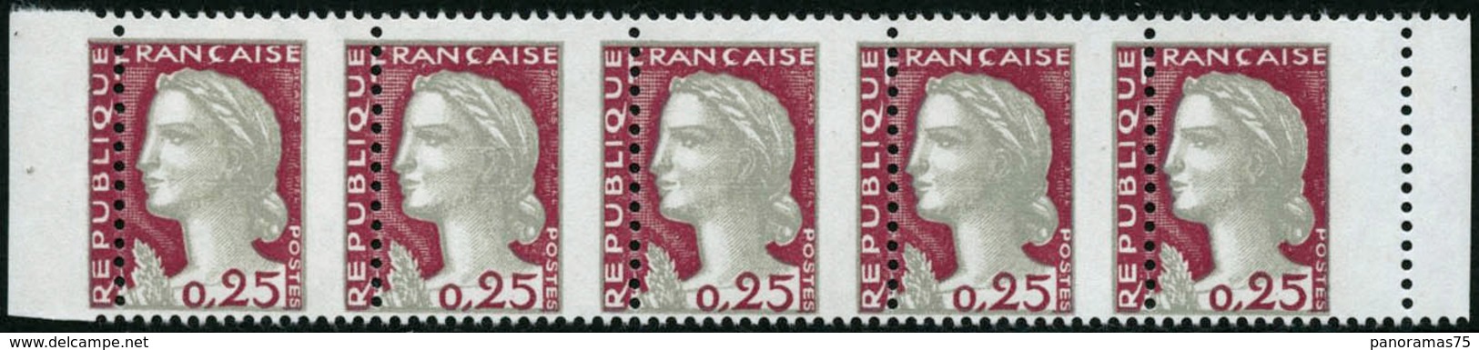 ** N°1263 25c Marianne De Decaris, Bande De 5 Superbe Variété De Piquage - TB. - Sonstige & Ohne Zuordnung