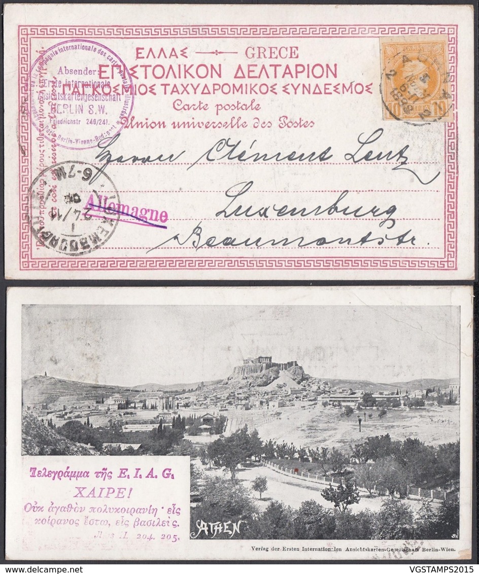 Grèce 1898 - CP Athènes Pour Luxembourg - Destination Rare - Pli Dans Un Coin (BE) DC3942 - Covers & Documents