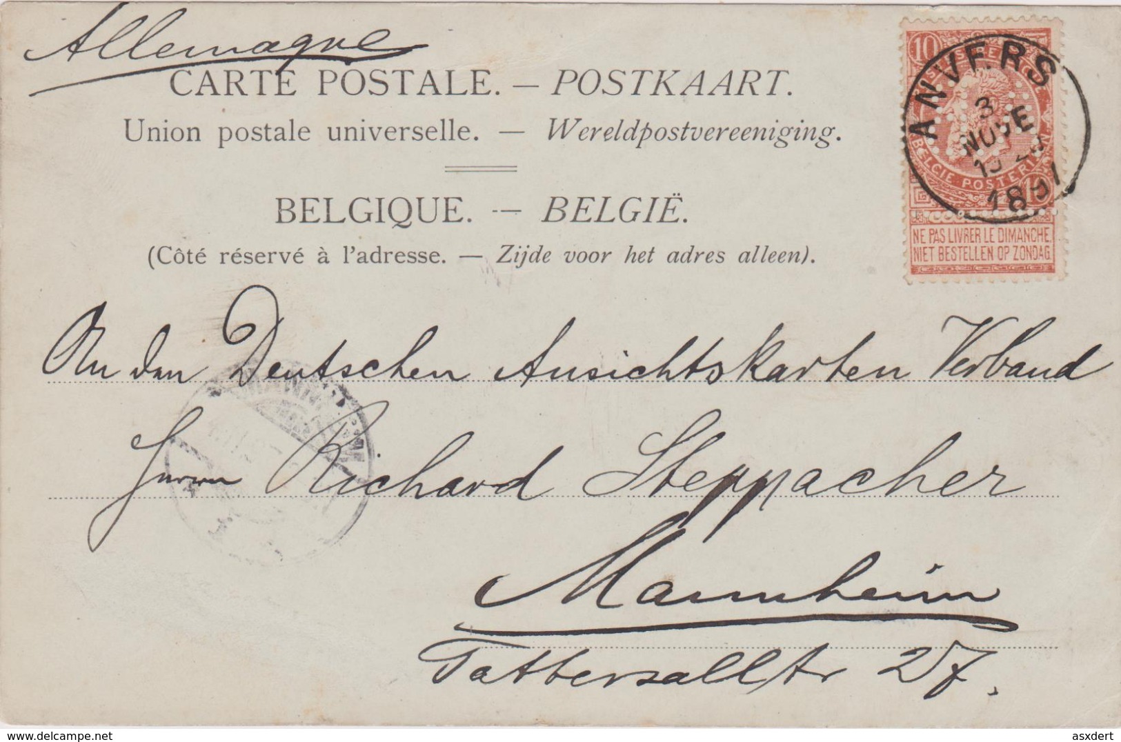 Perfins 1897- Nr 57 Perfo A.B.- A. Blumenthal - Anvers >> Mannheim  Allemagne - 1863-09