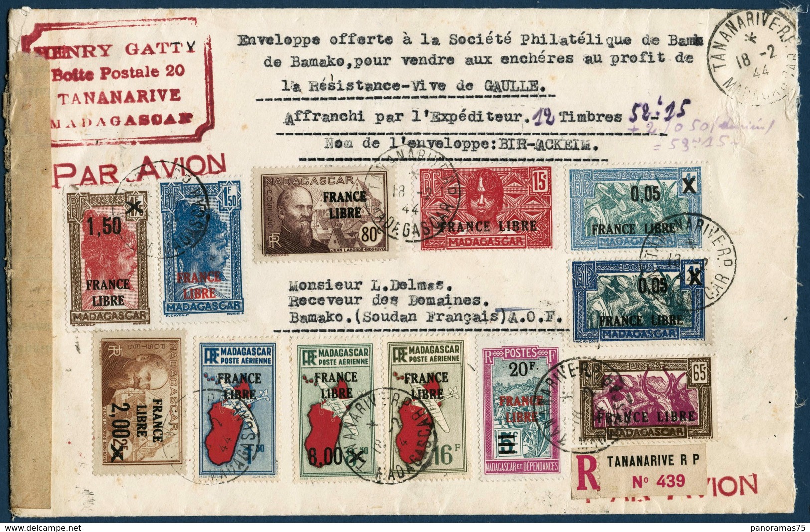 Lettre N°239 X 2 + 276 X 2 + PA 52 Lettre Recommandée Censuré De Tanatave Pour Bamako (Soudan) Avec 3 France Libre Du 44 - Autres & Non Classés