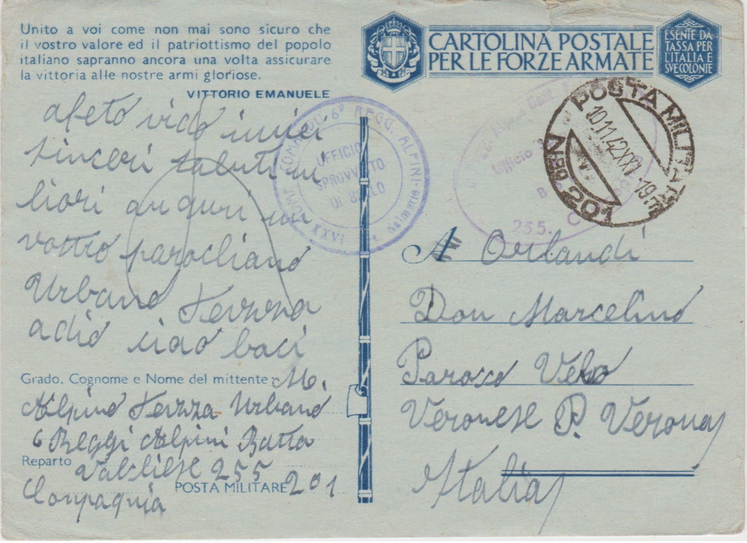 1942 POSTA MILITARE/N.ro 201 C2 (10.11) Su Cartolina Franchigia - Storia Postale