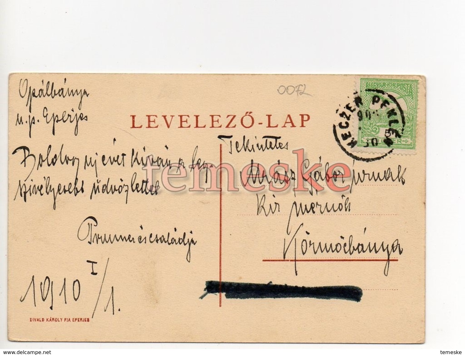 Csúz  Dubník  Opálbánya  1910 01,01,Keczer Peklén Stempel - Slovaquie