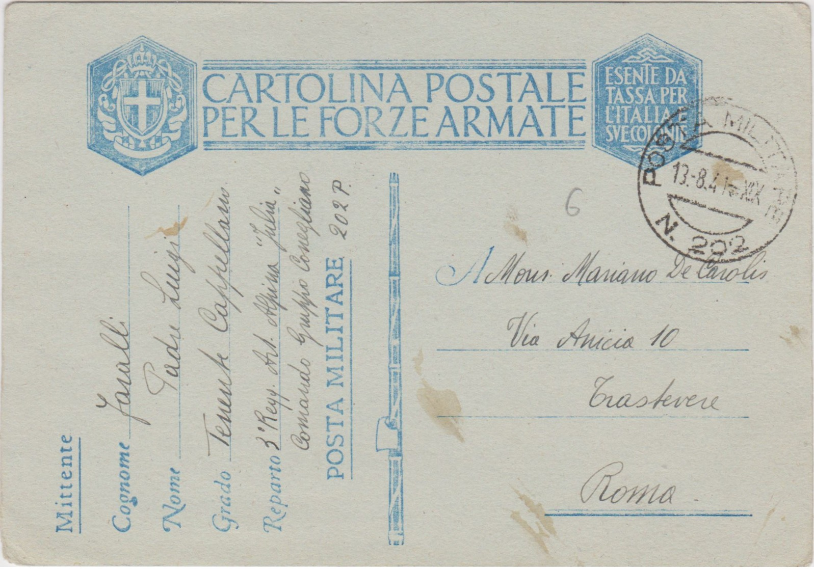 1941 POSTA MILITARE/N.202 C2 (13.8) Su Cartolina Franchigia - Storia Postale