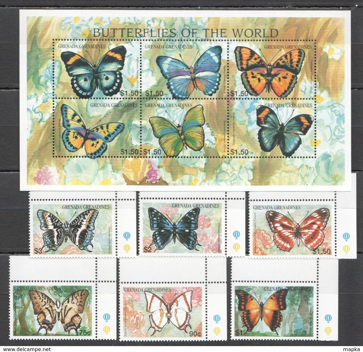 X011 GRENADA GRENADINES FLORA & FAUNA BUTTERFLIES OF THE WORLD !! KB+BL+SET MNH - Farfalle