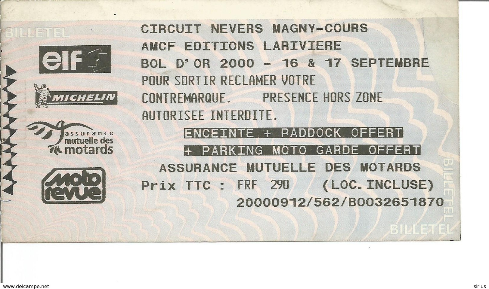 Ticket D'entrée MOTO - BOL D'OR 2000 - Circuit De Nevers Magny Cours - Tickets & Toegangskaarten