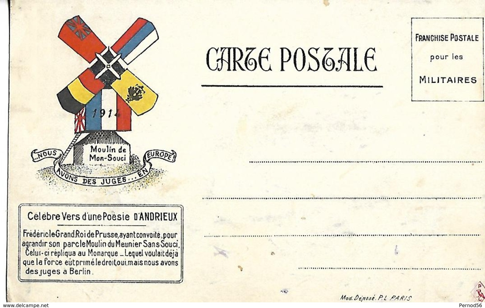 Carte Postale Pour Les MILITAIRES 1914 Moulin Du Meunier SANS SOUCI FREDERIC Roi De PRUSSE - Guerre 1914-18