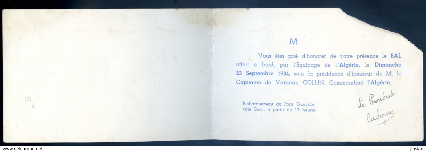 Invitation Bal à Bord Du Croiseur Algérie Le 23 Septembre 1934  JM34 - Autres & Non Classés