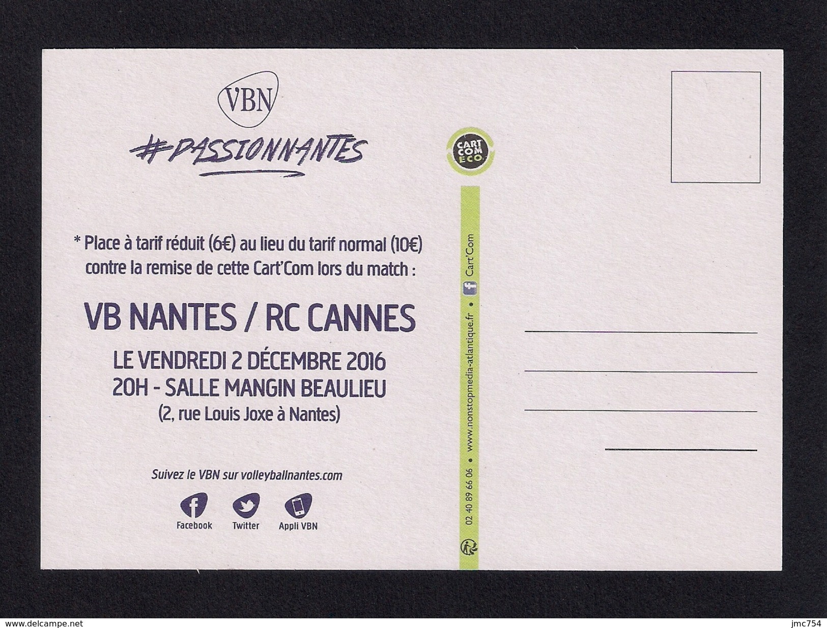 Cart'com.     Sport.   Volley-ball Féminin.   Nantes-Cannes.  12/2016.   Postcard. - Volleyball