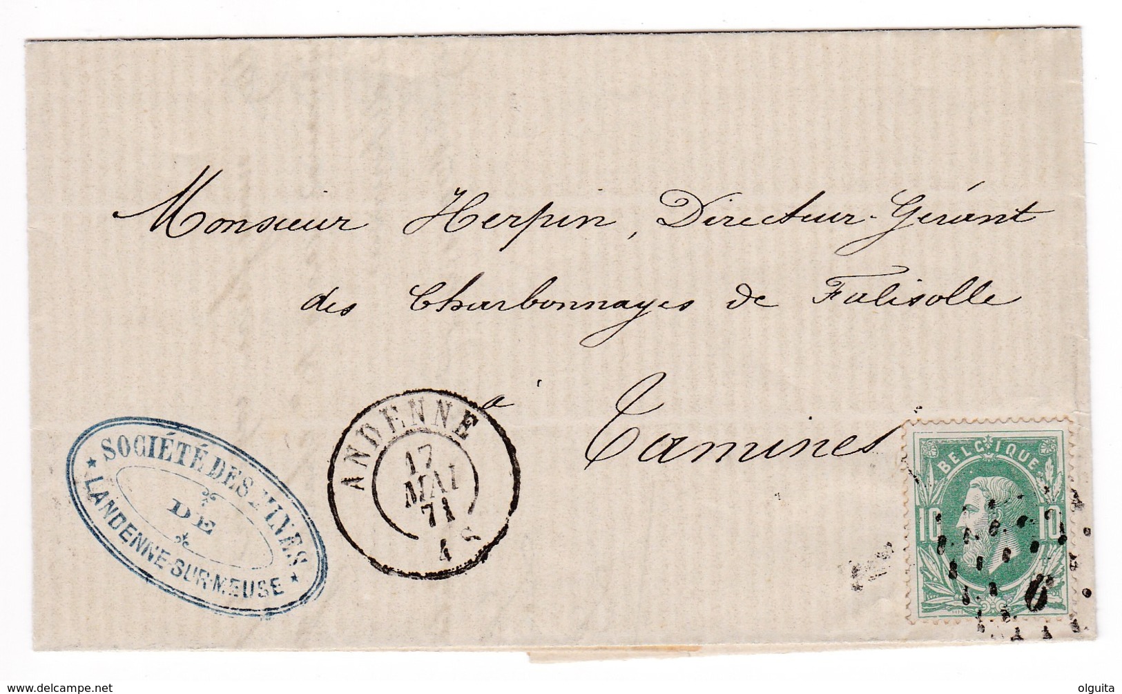 772/29 -- Lettre Avec Contenu TP 30 Points 6 ANDENNE 1871 Vers TAMINES - Cachet Société Des Mines De LANDENNE Sur MEUSE - 1863-1864 Medallions (13/16)