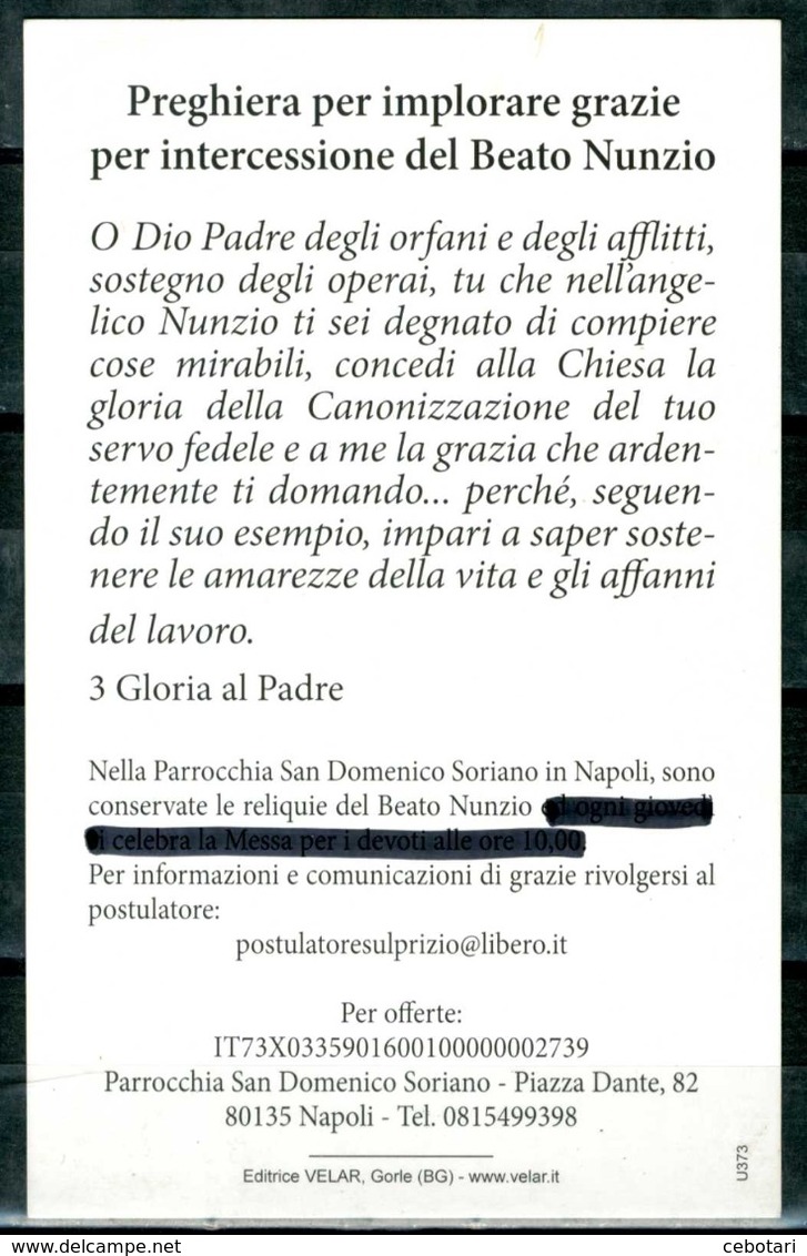 SANTINO - Beato Nunzio Sulprizio - Santino Con Preghiera Come Da Scansione. - Santini