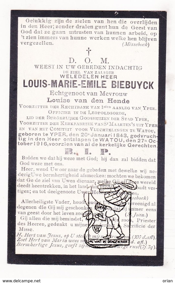 DP Adel Noblesse - Voorzitter Rechtbank Louis M. Biebuyck ° Ieper 1843 † Watou Poperinge 1916 X Louise Van Den Hende - Images Religieuses