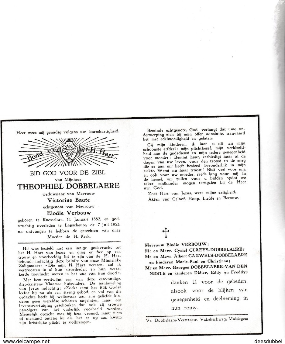 T.DOBBELAERE °KNESSELARE 1882 +LAPSCHURE 1953 (V.BAUTE - E.VERBOUW) - Images Religieuses