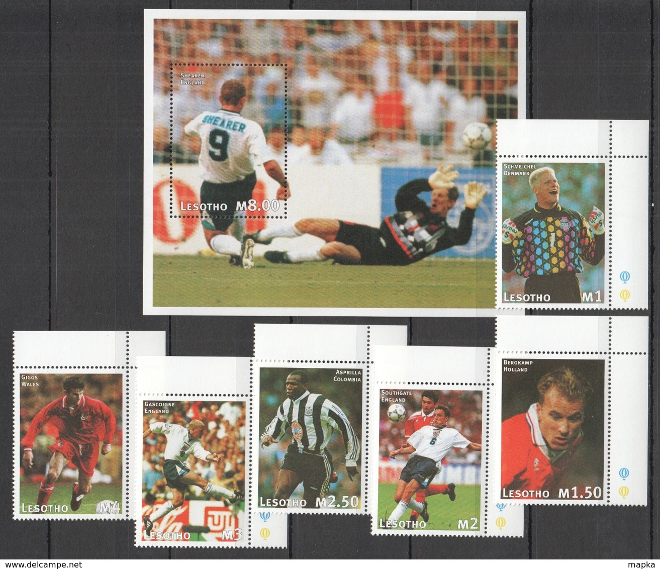 V085 LESOTHO SPORT FOOTBALL WORLD CUP STARS SHEARER BERGKAMP GIGGS SET+BL MNH - Altri & Non Classificati