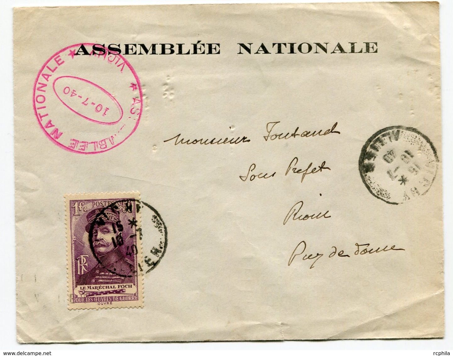 RC 13473 FRANCE 1940 ASSEMBLÉE NATIONALE VICHY / ALLIER SUR LETTRE AYANT CIRCULÉE POUR RIOM - Guerre De 1939-45