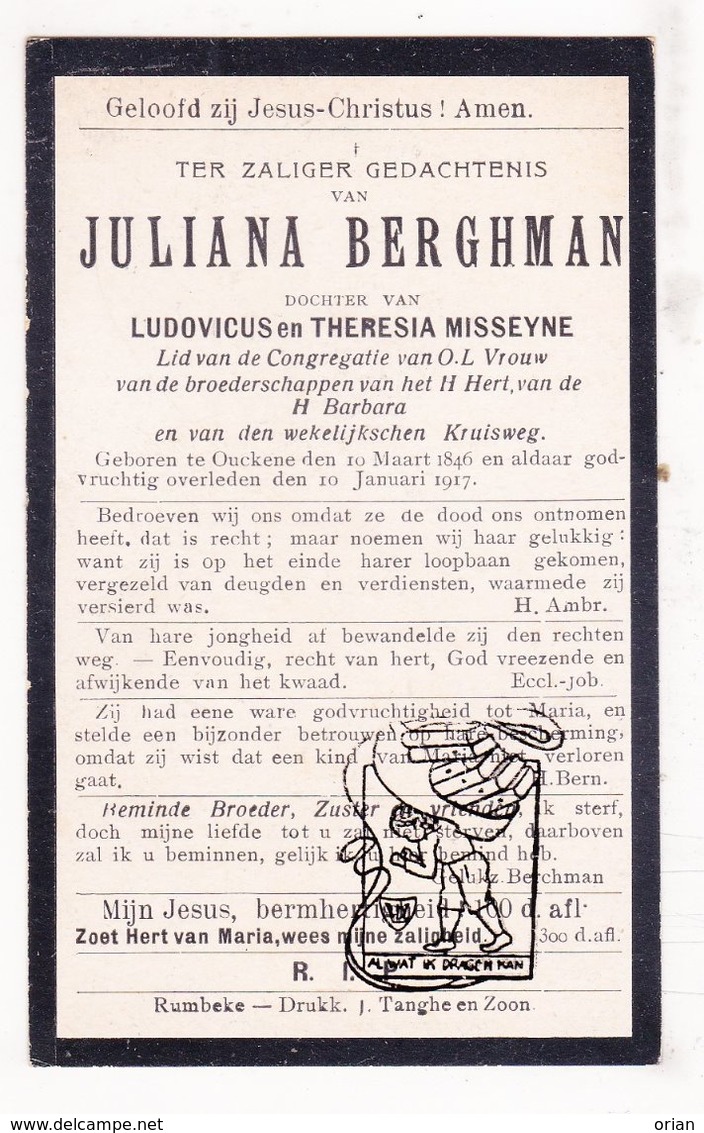 DP Juliana Berghman / Misseyne Messeyne ° Oekene Roeselare 1846 † 1917 - Images Religieuses