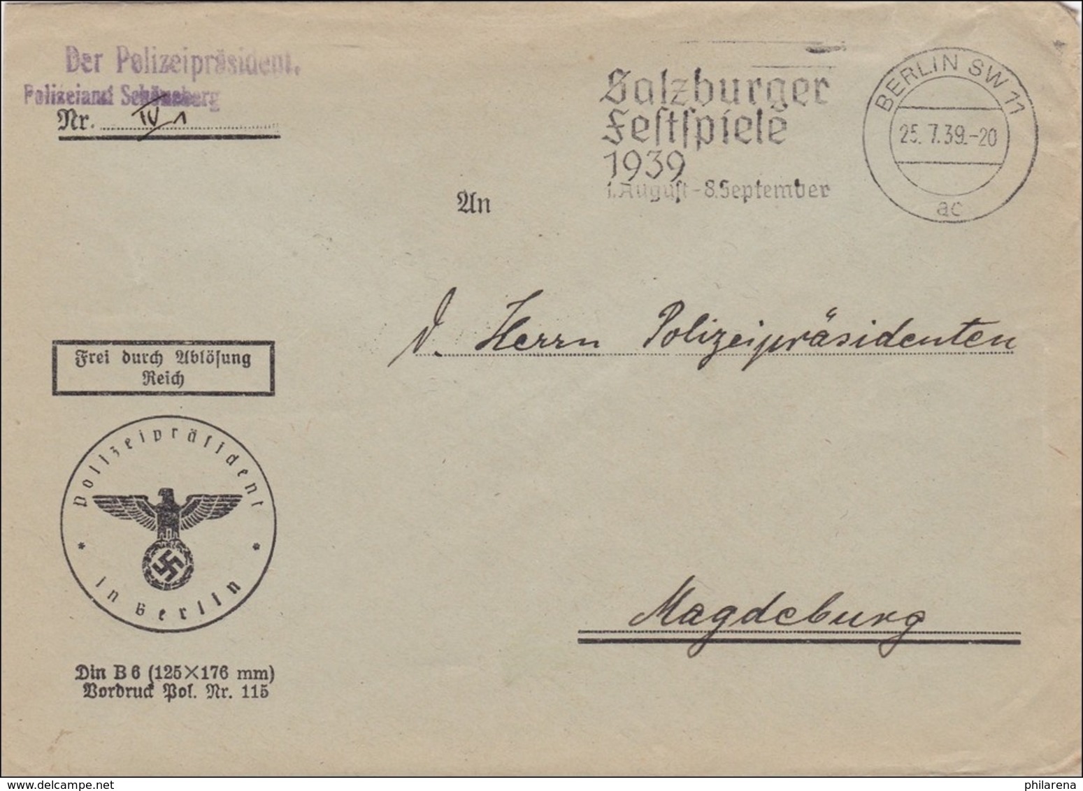 Polizeipräsident Schöneberg 1939 Nach Magdeburg - Altri & Non Classificati