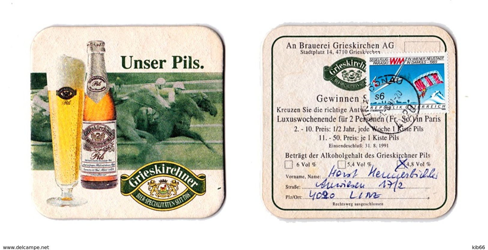 Sous-bock Bière Unique AUSTRIA Brauerei Grieskirchen Timbre 1989 Beer Mat Coaster Bierdeckel - Sous-bocks