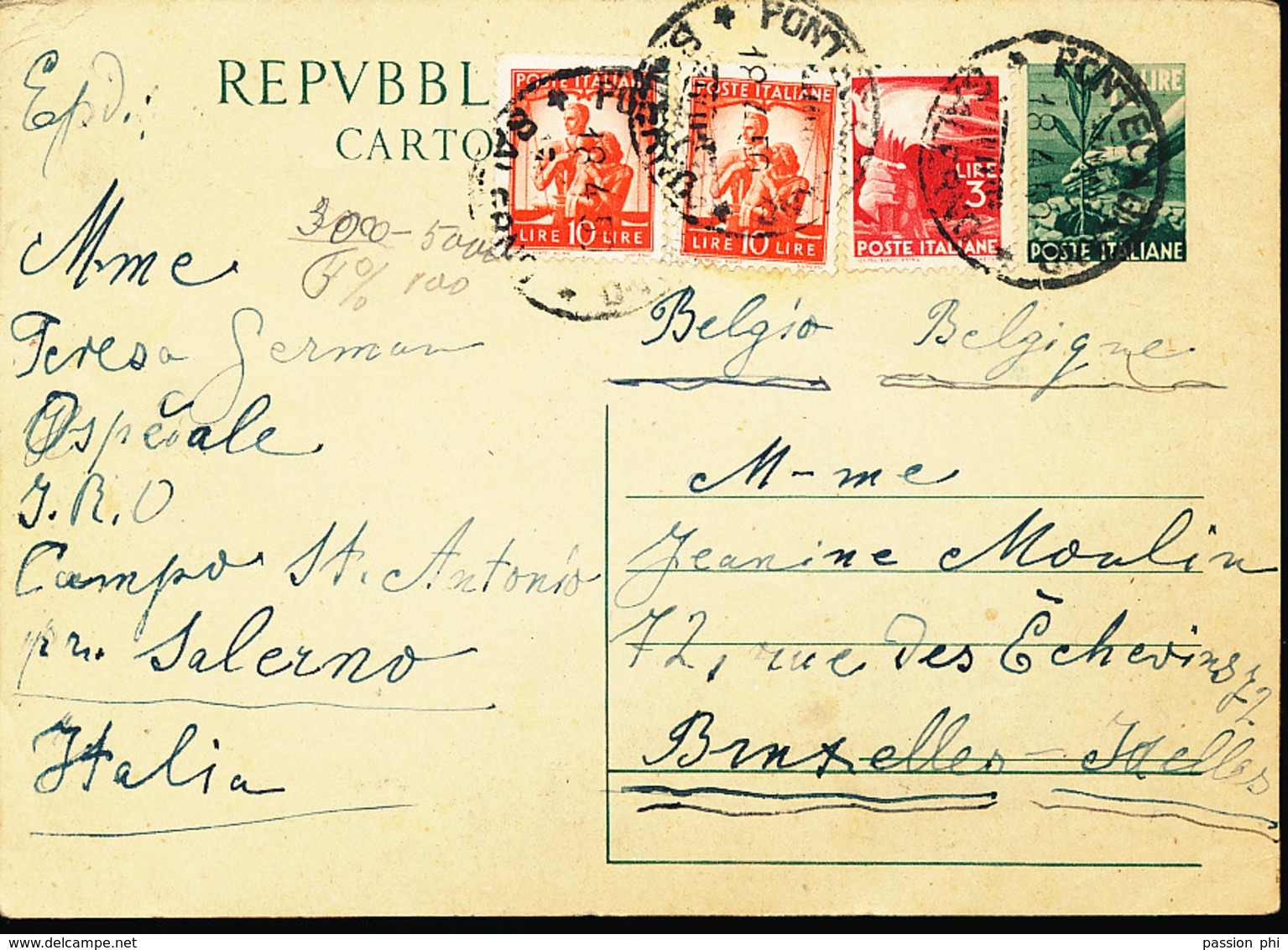 ITALY PS FROM PONTECAGNANO CAMPO ST ANTONIO  18.04.1950 TO BRUSSELS - Entiers Postaux