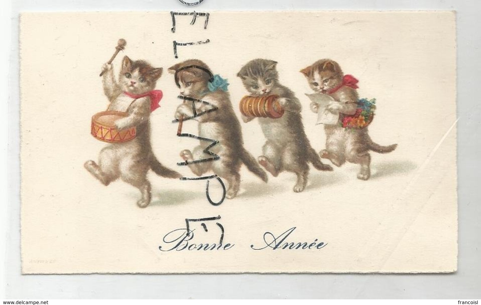 Mignonnette De Vœux. Quatre Chats Musiciens: Tambour, Flûte, Bandonéon, Partition. - New Year