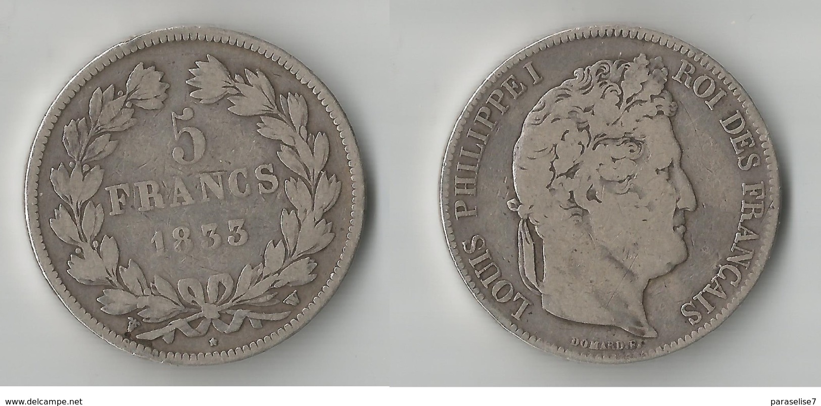 FRANCE 5 FRANCS 1833 W ARGENT - 5 Francs