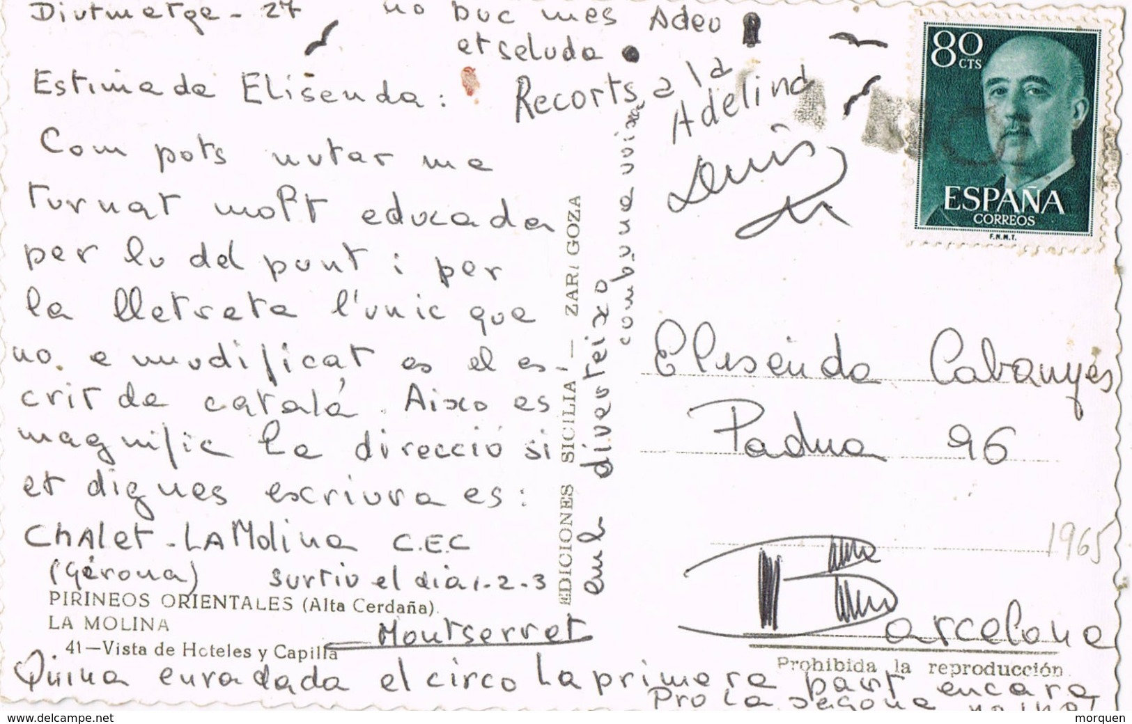 33824. Postal LA MOLINA, Alp (Gerona) 1965. CARTERIA Lineal Especial - Cartas & Documentos