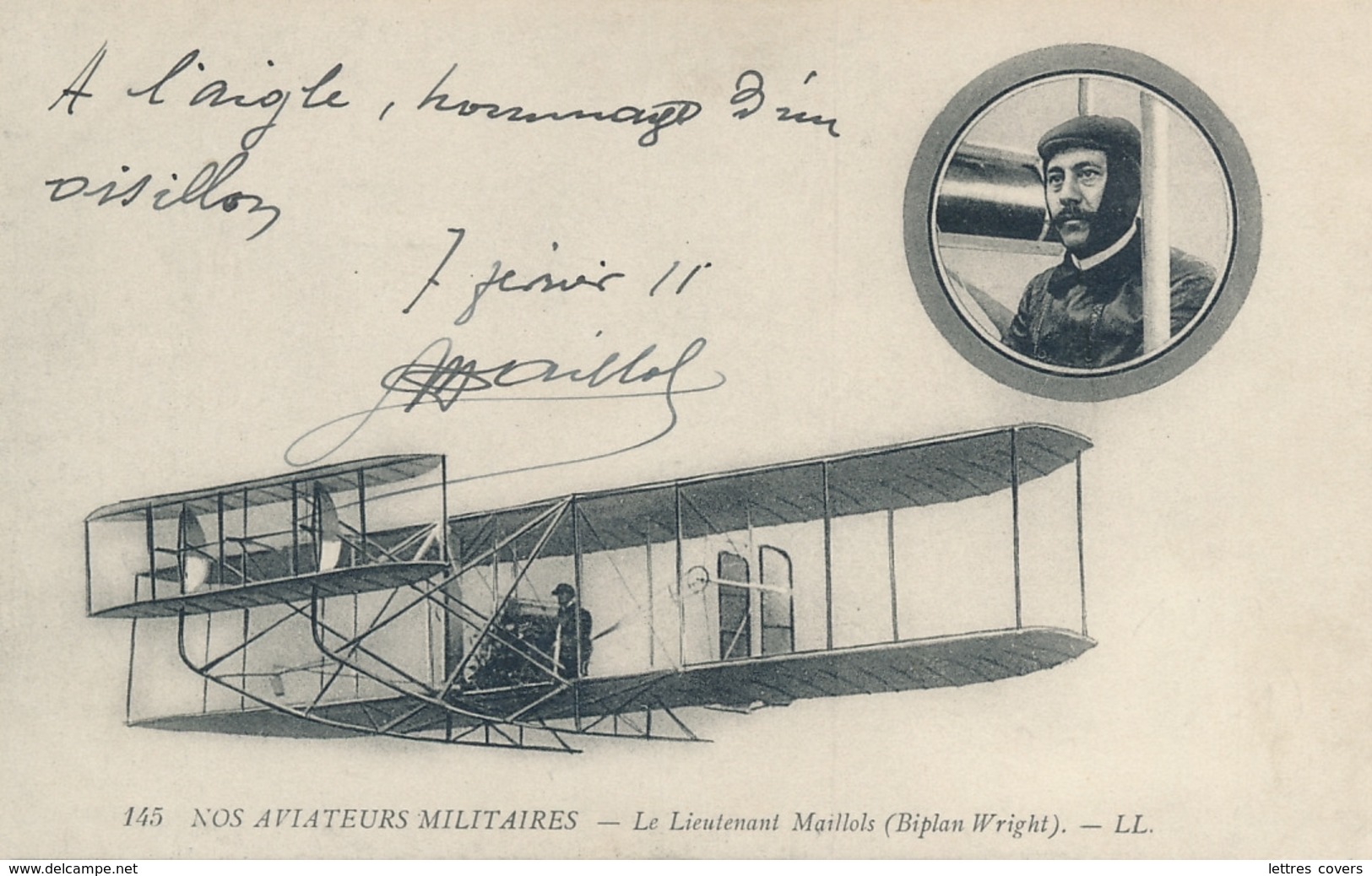 LIEUTENANT MAILLOLS - Texte Et Signature AUTOGRAPHE - CP " NOS AVIATEURS MILITAIRES - Biplan Wright " 1911 Pionnier - Aviation